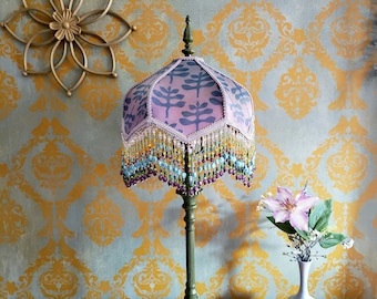 Block Printed Small Silk Lampshade with Beaded Fringe