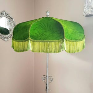 Large Velvet Lampshade in Bright Green with Matching Fringe and Tassels