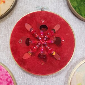 Sequins and Beads Embroidery Wall Art on Red Velvet.