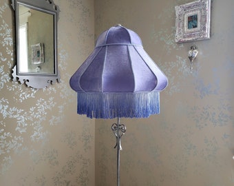 Extra Large Cornflower Blue Handmade Turban-Shaped Velvet Lampshade with Fringe