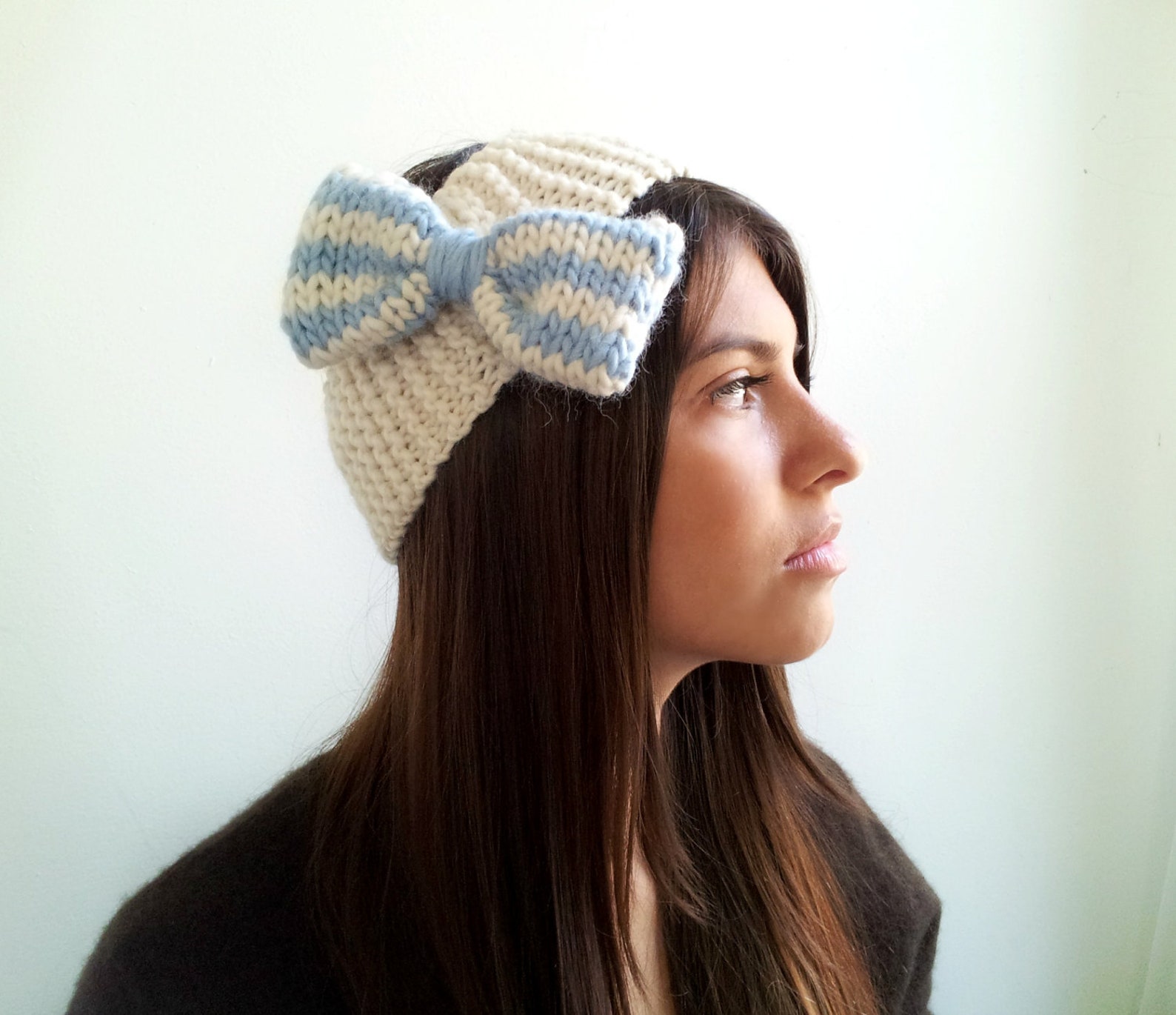 Headband with Bow. Alpaca and Wool. Baby Blue and Cream Etsy