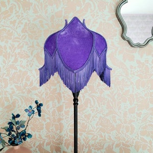 Purple Velvet Handmade Lampshade with Silky Fringe.