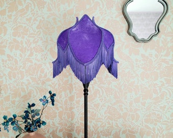 Purple Velvet Handmade Lampshade with Silky Fringe.