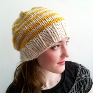 Handknit Hat in Alpaca and Wool. Yellow and Cream Stripes. image 2
