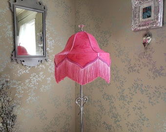 Large Pink Velvet Lampshade with Silky Ombre Fringe.