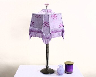 Pale Purple Velvet Handmade Lampshade with Silky Ombre Fringe