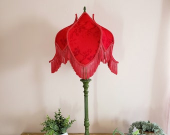 Scarlet Red Velvet Handmade Lampshade with Silky Fringe.