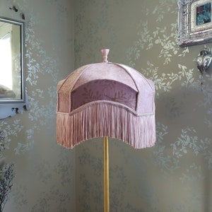 Antique Mauve Velvet Lampshade with Long Silky Fringe, Large for Floor Lamp