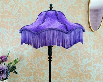 Purple Velvet Handmade Floor Lampshade with Silky Ombre Fringe