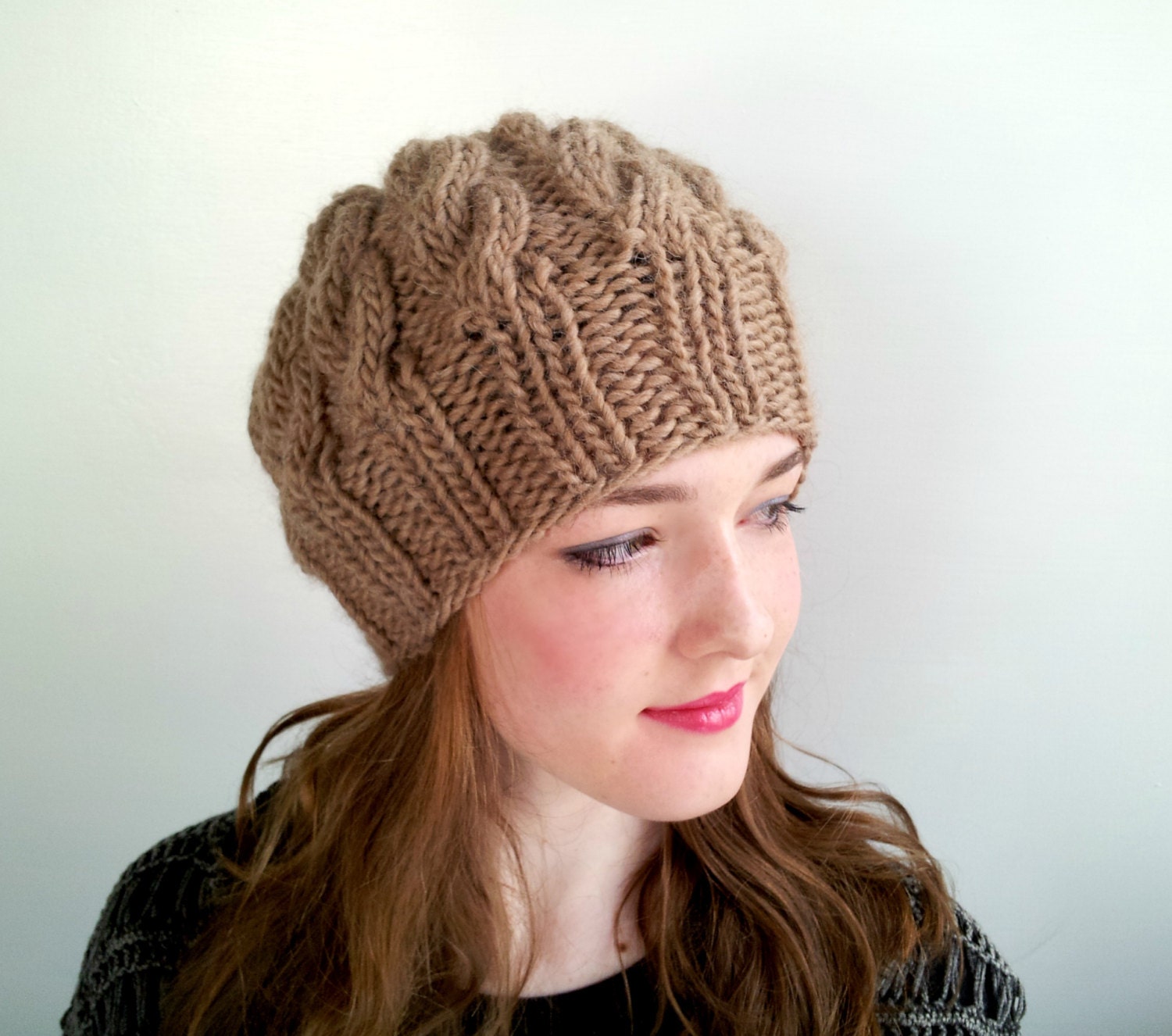 Chocolate Brown Cabled Hat - handmade out of baby alpaca yarn Fluff Double Knit Baby Alpaca Hat | Luxury Winter Beanie  main image 2
