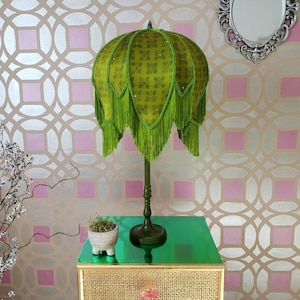 Fringed Lampshade in Green Silk with Retro Pattern and Tiny Crystals