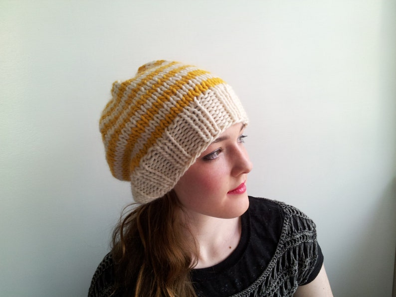 Handknit Hat in Alpaca and Wool. Yellow and Cream Stripes. image 4