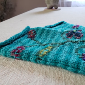 Handknit Wool Fingerless Gloves in Teal with Floral Pattern