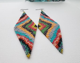 Seed Bead Earrings in Colorful Geometric Swirl Pattern