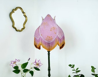 Lilac Velvet Handmade Lampshade with Mustard Lining and Silky Fringe.