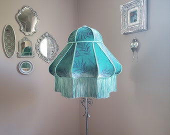 Extra Large Seafoam/Teal Handmade Turban-Shaped Velvet Lampshade with Ombre Fringe