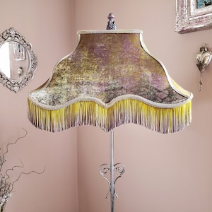Fringed Lampshade in Mauve, Green, and Yellow Velvet. Large, for floor lamp.