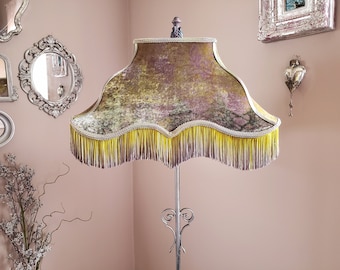 Large Velvet Lampshade in Mauve, Green, and Yellow, with Fringe. For floor lamp.