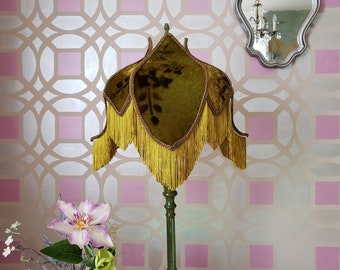 Olive-Gold Velvet Handmade Lampshade with Silky Fringe.