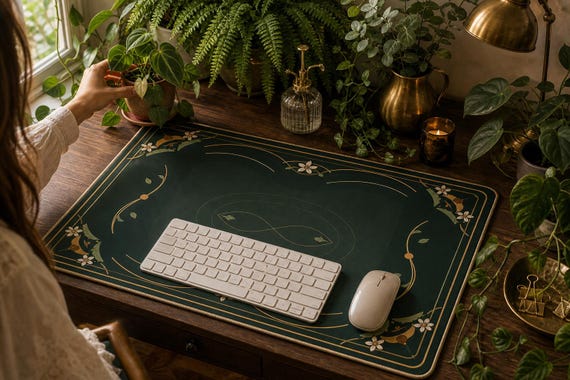 Art Nouveau Botanical Desk Mat, Vintage Floral Moss Green Gold Office Decor, Large Pad