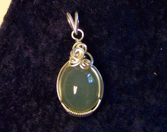 Sterling Silver Large Aquamarine Cabochon Wire Wrap Pendant-Courage Peace Communication
