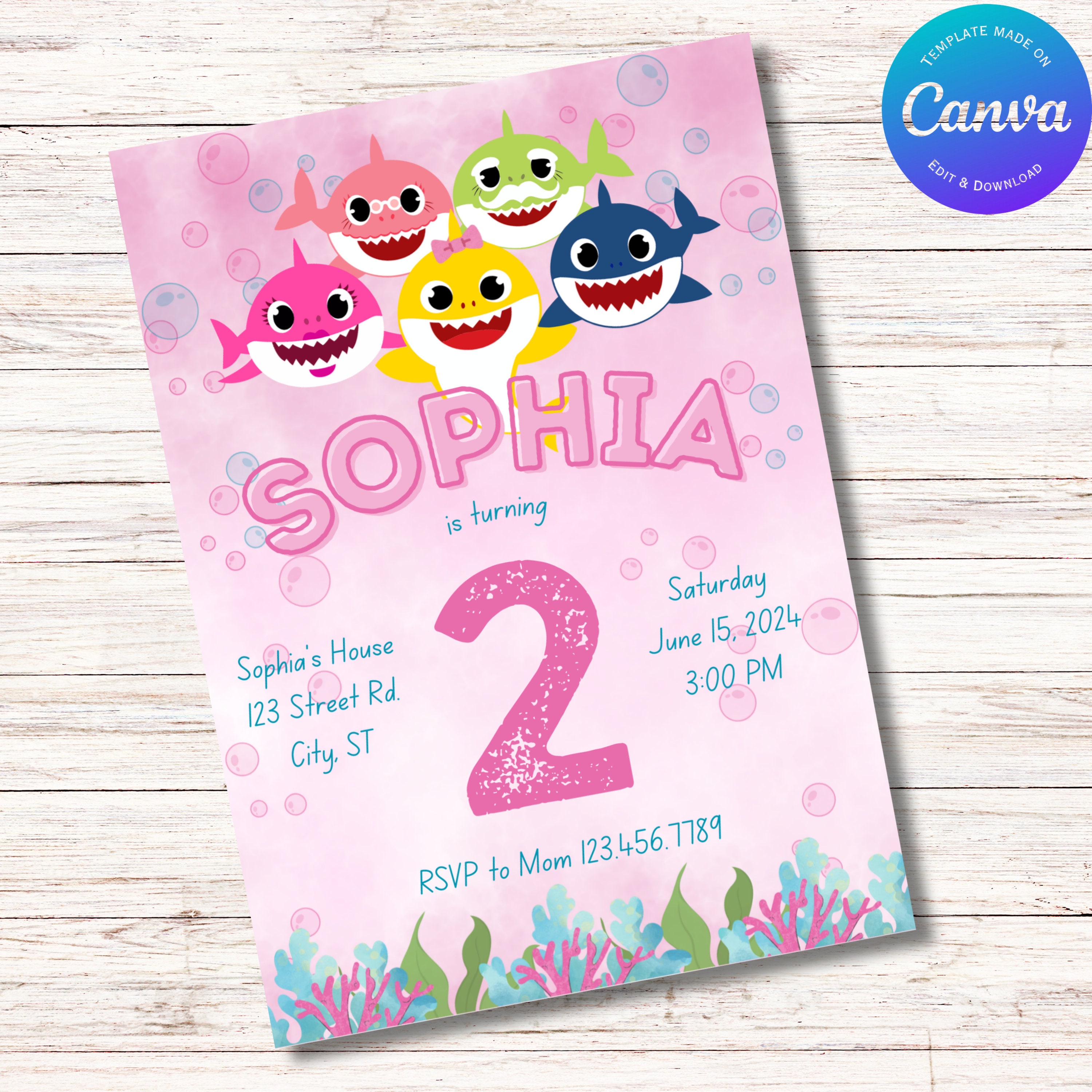 Shark Birthday Invitation Template for Girls Download - Etsy