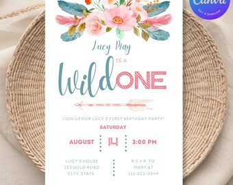 Wild ONE Boho Birthday Invitation Editable Template for Girls First Birthday Download