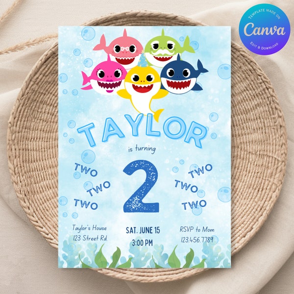 Shark is Turning Two Two Two Invitation Template, Birthday Invitation, Editable, Printable or Download for Sending