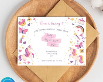 May include: A pink and white invitation card with a unicorn, butterflies, stars, and hearts. The text reads "Elena is turning 4. Join us for a magical celebration. Sunday, May 19, 2024, 3:00. Elena's House, 123 Magical Ct., City. RSVP to Katie 123-456-7891."