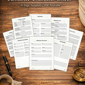 May include: A collection of white printable character sheets for romance writers, arranged on a wooden surface. The sheets include sections for character profiles, backstories, and physical descriptions. A pen, coffee cup, and decorative dish are also present.