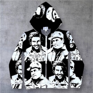 Black & White Graphic Zip-Up Hoodie Full Print Streetwear Hoodie for Men and Women  Urban Art Style Sweatshirt