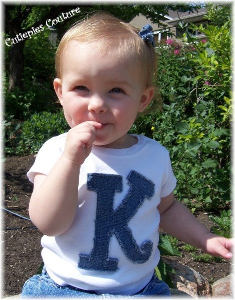 Custom Denim fray initial tee custom sizes NB-6-7 boys and girls image 2