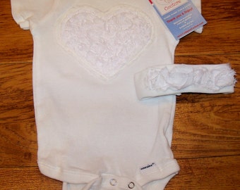 Cutiepies Couture White minky and shabby rose onsie and headband 6/9m