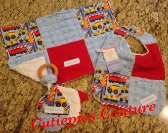 Cutiepies Couture Boys construction set with bib, burpie, and all natural teething ring lovie set