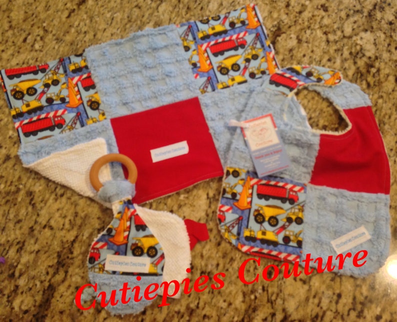 Cutiepies Couture Boys construction set with bib, burpie, and all natural teething ring lovie set image 1