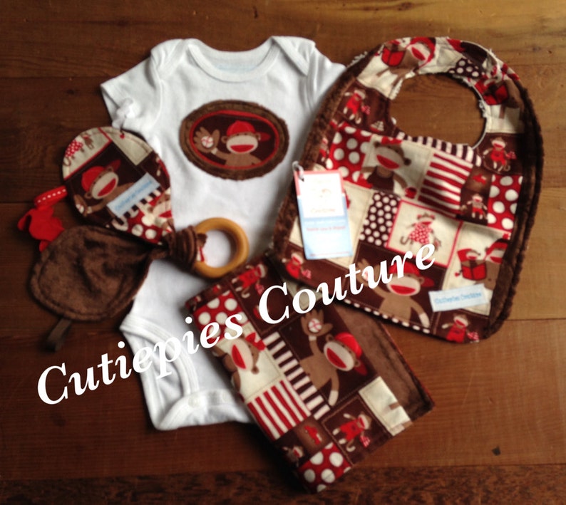 Cutiepies Couture sock monkey 6m short sleeve minky bodysuit, bib, burpie, and all natural teething ring lovie set image 1