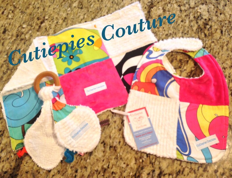 Cutiepies Couture Funky Faze set with bib, burpie, and all natural teething ring lovie set image 1