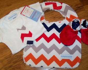 New Cutiepies Couture Custom boutique boys Chevron Onsie, Bib and Booties