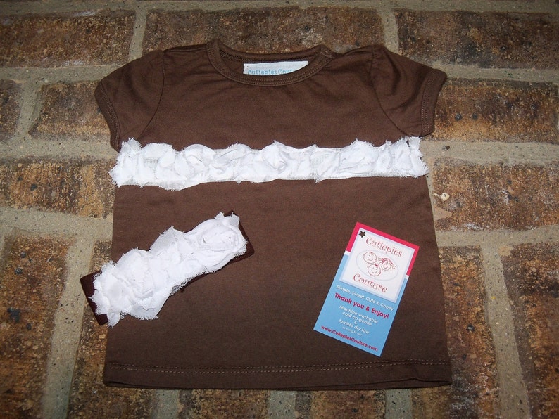 Cutiepies Couture Brown and white shabby rose tee and headband 6/12m Super sale image 1