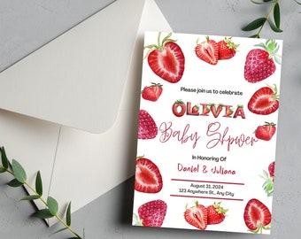 Puede incluir: Invitación a un baby shower con fresas en acuarela. La invitación incluye el texto "Olivia Baby Shower" y los detalles del evento del 31 de agosto de 2024. Mide 12,7 x 17,8 cm.