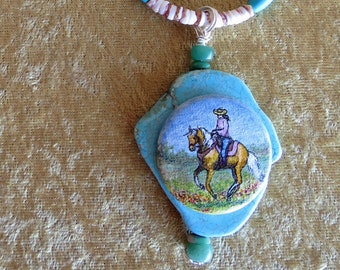 Palomino Cantering Horse Cowgirl Western Turquoise Necklace Hand Painted Original Horse Art Pendant on Faux Turquoise, Southwestern Jewelry