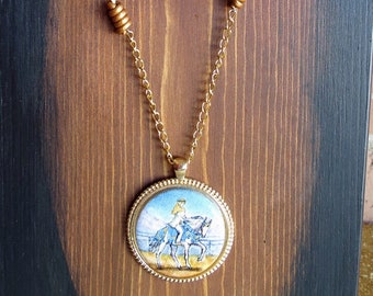 Arabian Horse Original Art Pendant Necklace Native Costume Rider White Horse Blue and Gold Tack Lapis Lazuli Gold Chain Adjustable Length