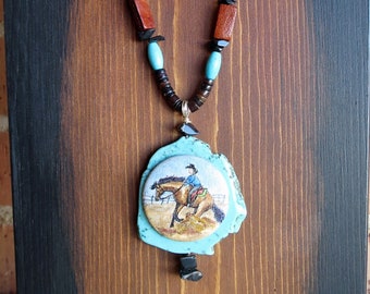 Reining Horse Cowgirl Western Turquoise Necklace, Hand Painted Original Horse Art Pendant on Faux Turquoise, Southwestern Jewelry, CLO art