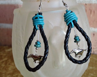 Silver Horse Charm Braided Leather Loop Turquoise Bead Dangle Earrings, Black and Turquoise Leather, for Cowgirl, Rodeo, Western Lifestyle