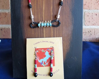 Southwest Turquoise Western Extra Long Necklace and Earrings Set Leather Black Red Silver Chain Czech Glass Beads Hand Crafted