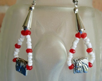 Horse Bead Earrings White, Red and Silver Beaded Dangle Loop Silver Cone Western Cowgirl or Horse Lady Original design by CLO