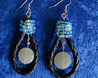 Western or Boho Style Earrings Black Braided Leather Loop with Hand Wrapped Czech Glass Beading and White Jade Focal Bead