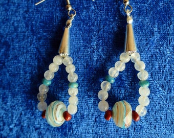 Earrings Artisan Glass Beads Loop Beaded Silver Cone with Gemstones Turquoise, Moonstone, Red Jasper