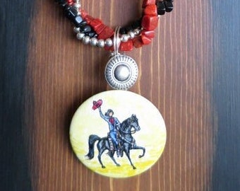 Western Cowgirl and  Horse Original Art Multi Strand Necklace Vintage Style Hand Painted 19" length Red Coral, Blackstone and Silver