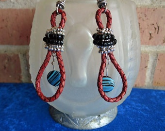 Earrings Braided tan leather loop with faux rainbow calsilica beads with swivel, for Western or Southwest Style Fashion, Artisan Made